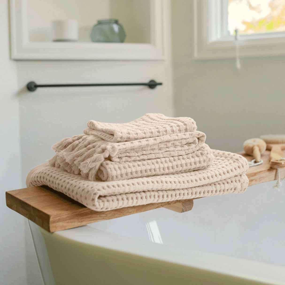 Cream waffle tassel hand towel brings fresh, natural elements to your bathroom