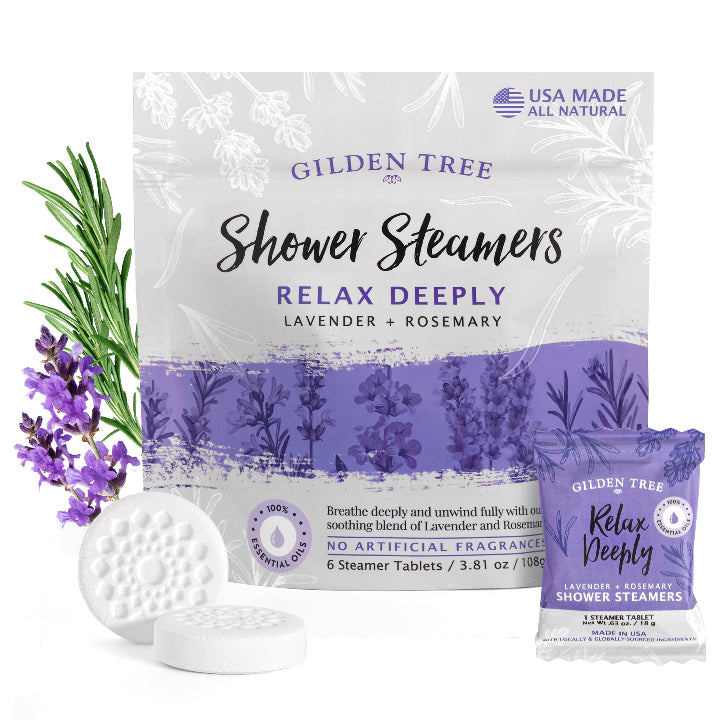 Gilden Tree Shower Steamers packaging with lavender and rosemary elements on a white background