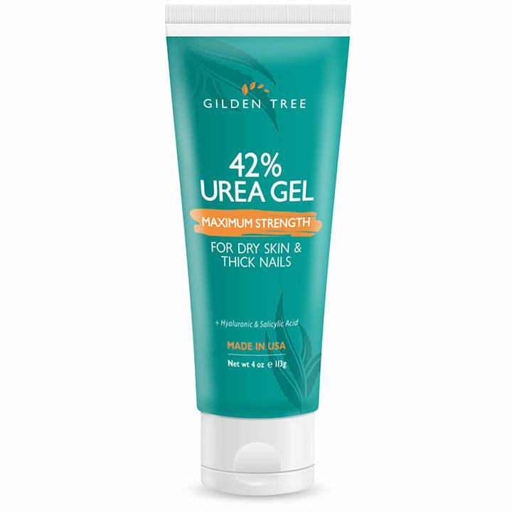 Photograph of a tube of Gilden Tree 42% Urea Gel Maximum Strength for Dry Skin & Thick Nails fortified with Hyaluronic & Salicylic Acid