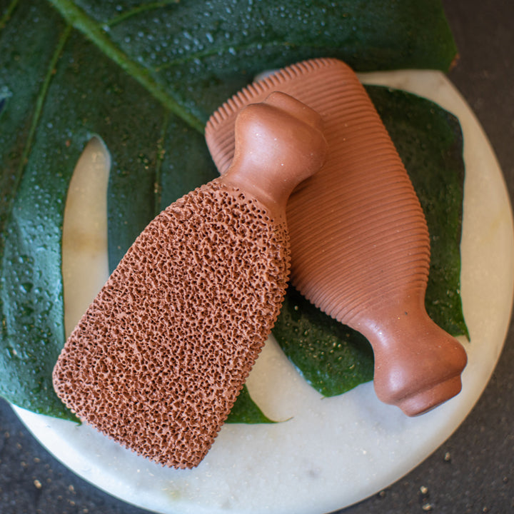 Terra-Cotta Foot Scrubber is two sided to offer scrubbing and buffing.