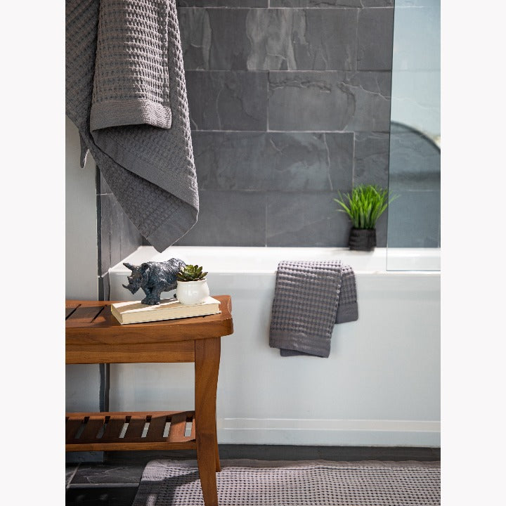 Our quick-dry premier high-design waffle bathmat is super absorbent and is machine wash and dry. 