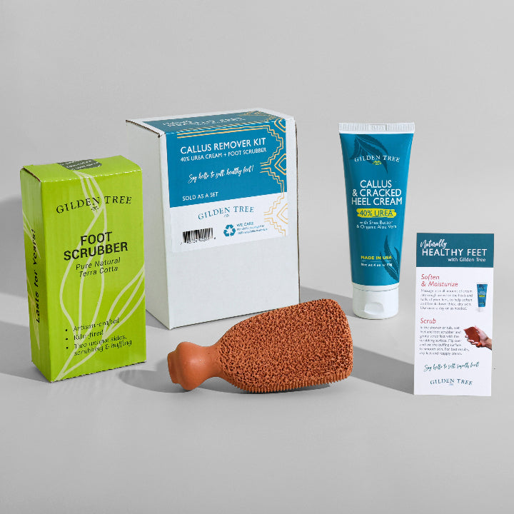 Kit includes 40% Urea Cream, Foot Scrubber, and helpful product insert.