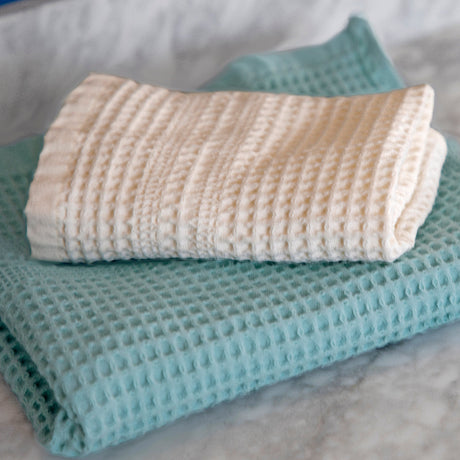 Classic Style Waffle Washcloth in Cream and Hand Towel in Seafoam