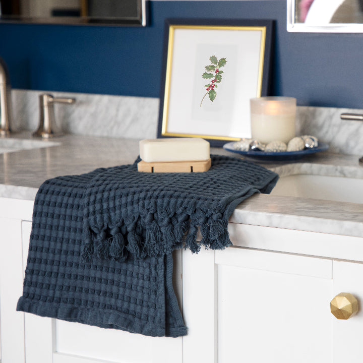 Midnight Blue tassel hand towel with Christmas bathroom decor