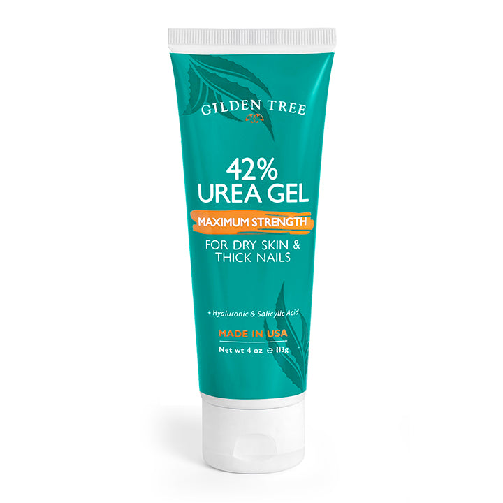 Photograph of a tube of Gilden Tree 42% Urea Gel Maximum Strength for Dry Skin & Thick Nails fortified with Hyaluronic & Salicylic Acid