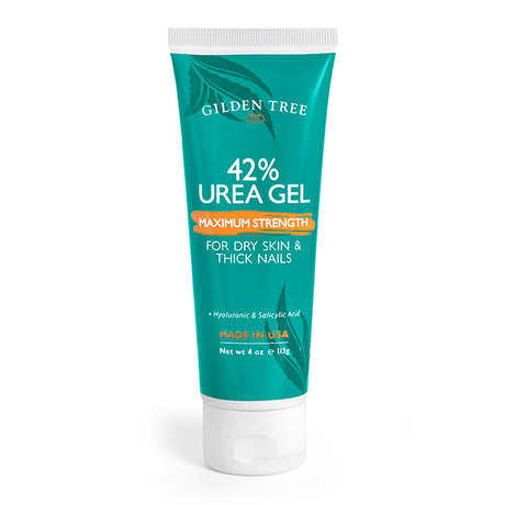 Photograph of a tube of Gilden Tree 42% Urea Gel Maximum Strength for Dry Skin & Thick Nails fortified with Hyaluronic & Salicylic Acid