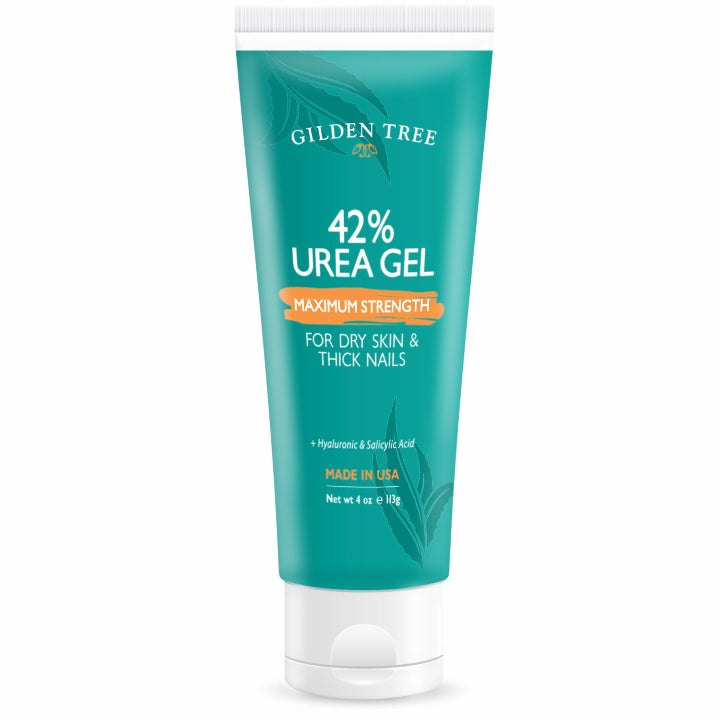 Photograph of a tube of Gilden Tree 42% Urea Gel Maximum Strength for Dry Skin & Thick Nails fortified with Hyaluronic & Salicylic Acid