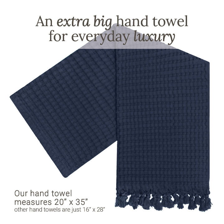 Midnight Blue tassel hand towels for bathrooms - great fingertip towel, with deep, generous waffles