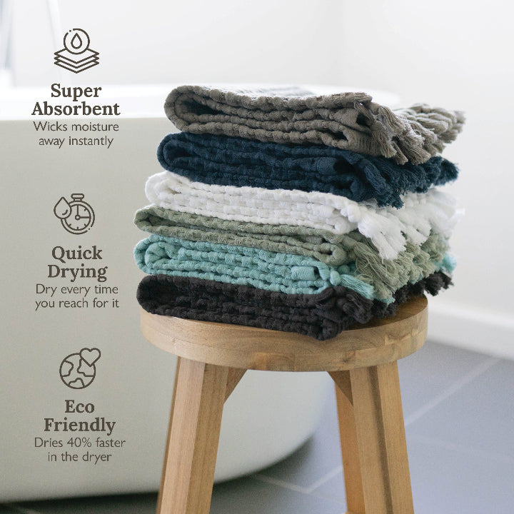 Modern waffle tassel hand towels in a variety of popular colors.