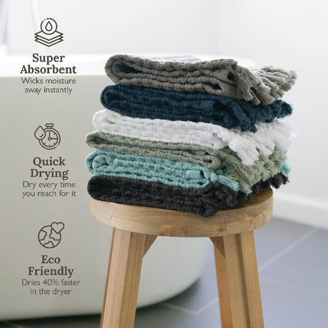 Modern waffle tassel hand towels in a variety of popular colors.