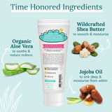 Tube of cream with aloe vera, shea butter, and jojoba oil graphics on a light blue background