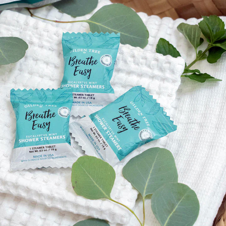 Breathe Easy Eucalyptus Mint Shower Steamers are individually wrapped in easy to open pouches.