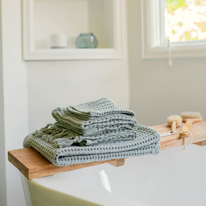 Sage Grey waffle bath towels in a variety of sizes including tassel hand towels.