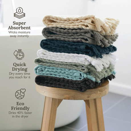 Modern waffle tassel hand towels in a variety of popular colors.