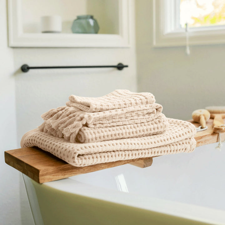 Cream waffle tassel hand towel brings fresh, natural elements to your bathroom