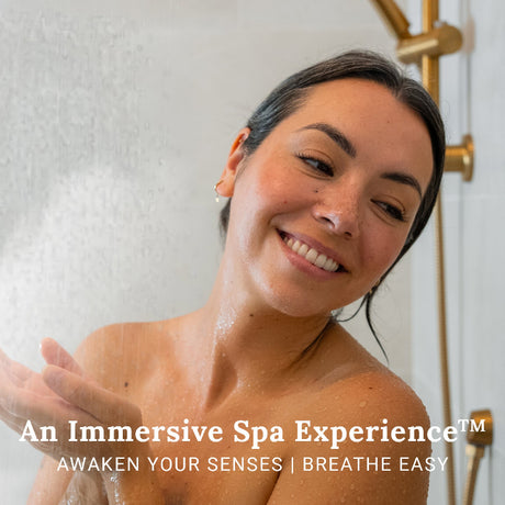 Woman in a steamy shower using Morning Mint shower steamers to awaken senses, 