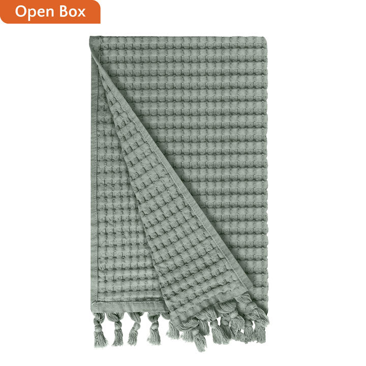 Waffle tassel towel in sage grey open box