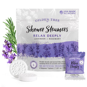 Gilden Tree Shower Steamers packaging with lavender and rosemary elements on a white background