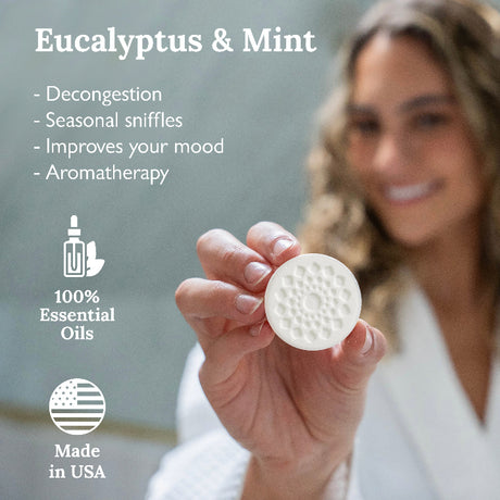 Eucalyptus and Mint shower steamer 100% essential oil tablets made in the usa to improve your mood.