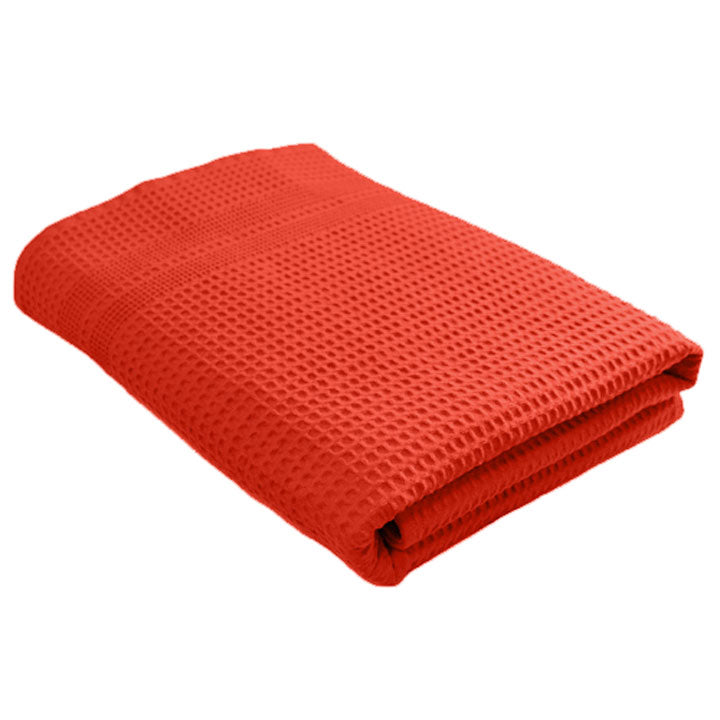 Classic style waffle bath towel in beautiful, bright coral color