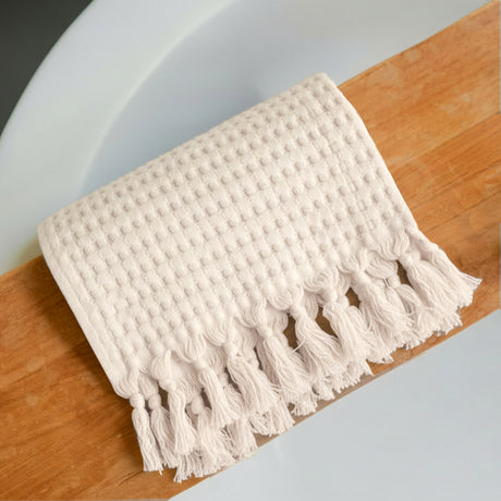 Cream Tassel Hand Towel Set of 2, Modern Style