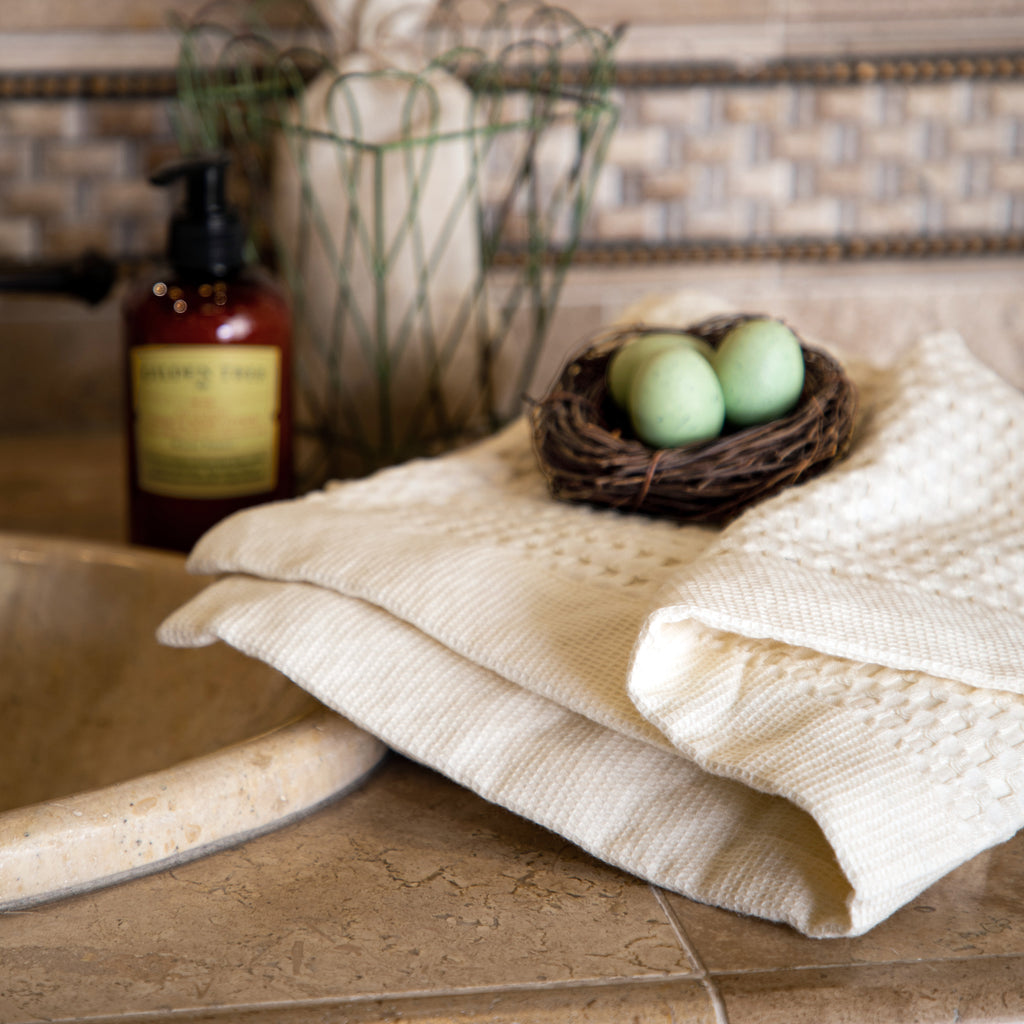 Modern Hand Towel in Cream with a pop of robin egg blue.