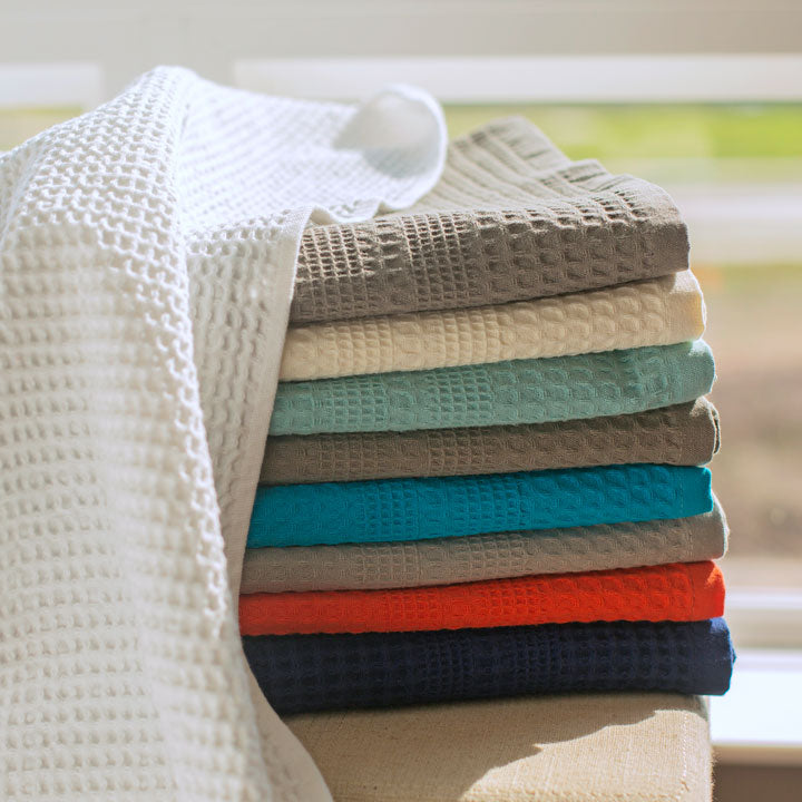 Classic waffle bath towels in a variety of colors.