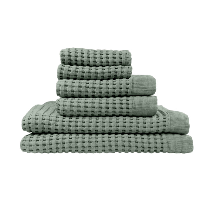 Linen Bath and Hand Towels Set Waffle Balsam Green