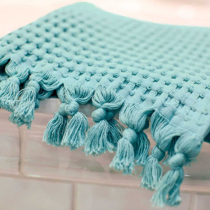 Bright, fun seafoam color in our new Modern style waffle tassel hand towels