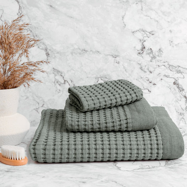 Modern style waffle bath towels in a new dreamy sage grey
